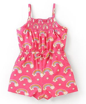 Babyhug Single Jersey Knit Sleeveless Jumpsuit Rainbow Print- Pink