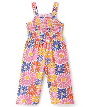 Babyhug Single Jersey Knit Sleeveless Jumpsuit With Floral Print & Bow Applique - Orange Pink & Purple