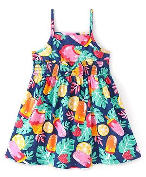 Babyhug 100% Cotton Sleeveless Frock with Smocked Detailing and Tropical Print - Navy Blue