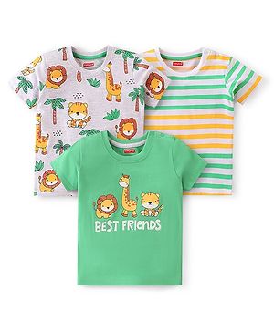 Babyhug 100% Cotton Knit Half Sleeves T-Shirts With Wild Animals Graphics Pack Of 3 - Green & Grey