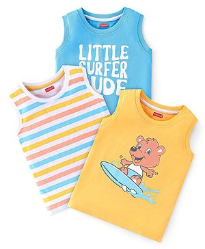 Babyhug 100% Cotton Knit Sleeveless T-Shirts with Stripe & Bear Graphics Pack of 3 - Multicolor