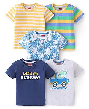 Babyhug Cotton Knit Half Sleeves Croc Surfing Theme Print T-Shirts Pack of 5 - Multicolour