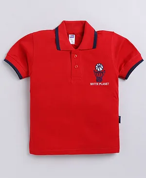 Nottie Planet Half Sleeves Basket Ball Embroidered  Polo Tee - Red