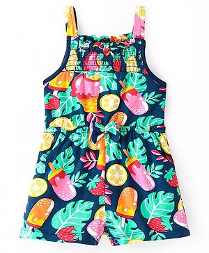 Babyhug Single Jersey Knit Sleeveless Jumpsuit with Ice Cream & Leaves Print Bow & Smocking Detailing - Navy Blue