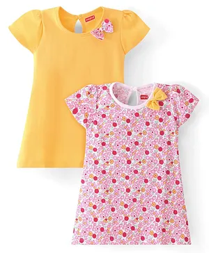 Babyhug Single Jersey Knit Half Sleeves Frocks with Floral Print with Bow Applique Pack of 2 - Multicolour