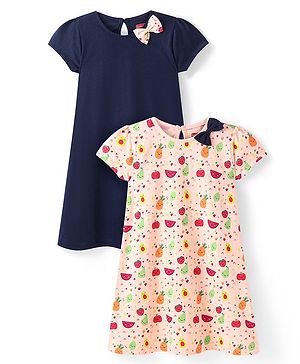 Babyhug 100% Cotton Knit Half Sleeves Frock Fruit Print with Bow Applique Pack of 2 - Multicolor