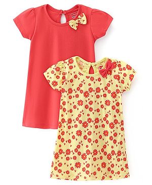 Babyhug 100% Cotton Single Jersey Knit Half Sleeves Frock Floral Print & Bow Applique Pack Of 2 - Yellow & Red