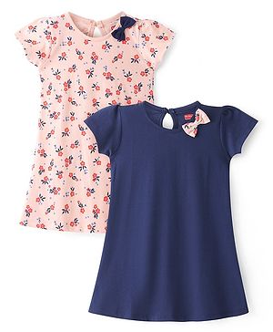Babyhug Half Sleeves Frocks with Bow Floral Print Pack of 2 - Peach & Blue