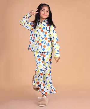 misbis Full Sleeves Abstract  Printed Cotton Knitted Night Suit  - Multi Colour