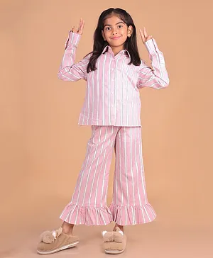 misbis Full Sleeves Striped Cotton Knitted Night Suit  - Pink