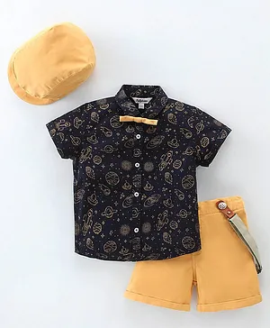 ToffyHouse Party Wear Half Sleeves Shirt & Shorts Set With Cap Bow & Suspender Space Theme Print - Gold & Navy Blue