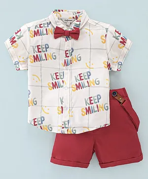 ToffyHouse Half Sleeves Shirt & Shorts Set Quirky Suspender With Bow Text Print - Red & Beige