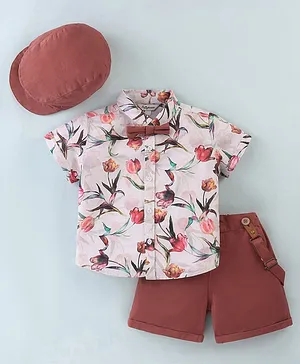 ToffyHouse 100% Cotton Woven Half Sleeves Floral Printed Shirt with Cap Short & Suspender- Brick Maroon