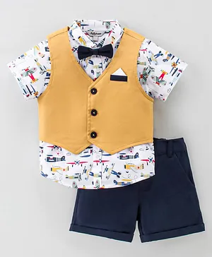 ToffyHouse Party Suit Half Sleeves Shirt & Shorts Set With Waistcoat & Bow Aircraft Print - Gold Navy Blue & White