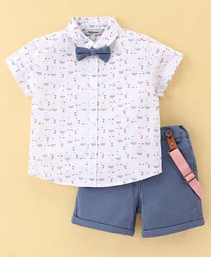 ToffyHouse Cotton Woven Party Wear Half Sleeves Printed Shirt & Shorts Set With Bow & Suspender -Airforce Blue