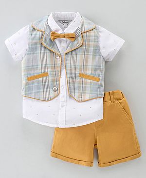 ToffyHouse Party Suit Half Sleeves Shirt & Shorts Set With Waistcoat Suspender & Bow Checkered - Gold & White