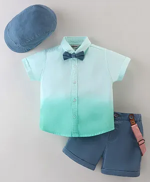 ToffyHouse Woven Half Sleeves Shirt & Shorts Set With Suspender & Bow Tie & Dye Colour - Blue