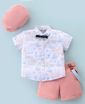 ToffyHouse Half Sleeves Shirt & Short Set with Suspender & Bow Tie Boat Print - Pink