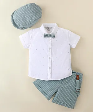 ToffyHouse Half Sleeves Shirt & Shorts Set With Suspender & Bow Striped - White & Green