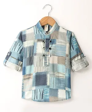 Dapper Dudes Full Sleeves Abstract Box Printed Kurta Style Shirt - Blue
