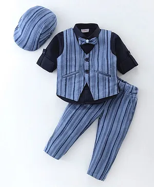 Dapper Dudes Full Sleeves Solid Shirt With Striped 4 Piece Coordinating Set - Blue