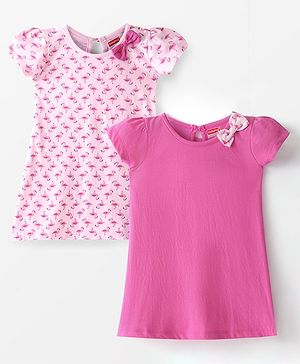 Babyhug Single Jersey Knit Half Sleeves Frock With Solid Color & Flamingo Print Pack of 2 - Peach & Pink