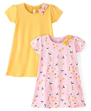 Babyhug 100% Cotton Knit Single Jersey Half Sleeves Frocks With Bow Applique & Floral Print Pack Of 2 - Multicolor