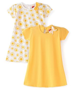 Babyhug Single Jersey Knit Half Sleeves Sunshine Printed Frocks with Bow Applique Pack of 2 - White & Yellow