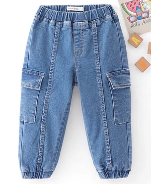 Kookie Kids Cut & Sew Cotton Lycra Denim Jeans With Cargo Pocket Detailing - Blue