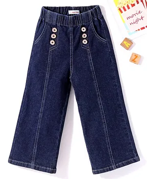 Kookie Kids Full Length Solid Color Cut & Sew Denim Jeans With Button Detailing - Dark Blue