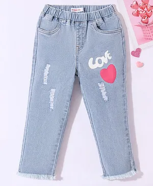 Kookie Kids Cotton Lycra Denim Full Length Jeans With Heart Graphic & Tearing Detailing - Light Blue