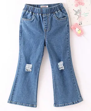 Kookie Kids Full Length Denim Bell Bottom Jeans with Tearing Detailing - Blue
