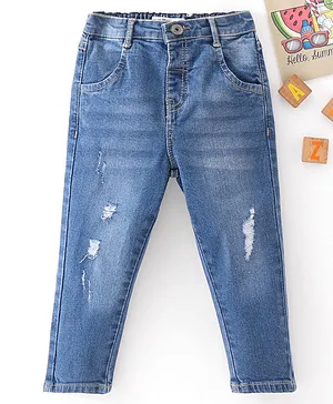 Kookie Kids Cotton Lycra Denim Jeans With Distressed & Whisker Detailing - Blue
