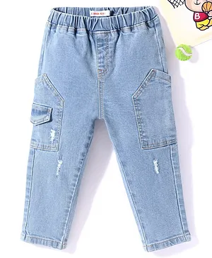 Kookie Kids Full Length Solid Color Denim Jeans Tearing & Pocket Detailing - Blue