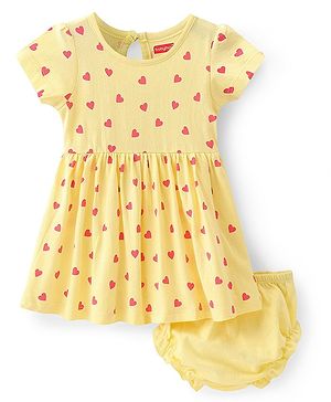 Babyhug Single Jersey Knit Half Sleeves  Frock with Bloomer Heart Print - Yellow