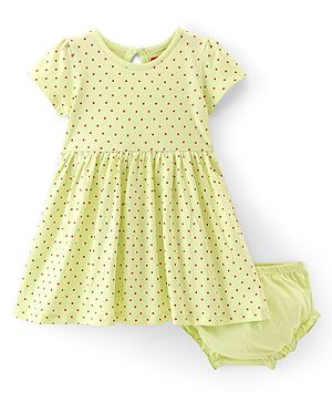 Babyhug Single Jersey 100% Cotton Knit Half Sleeves Frock & Bloomer With Polka Dot Print - Green