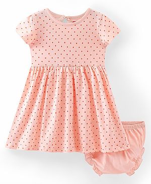 Babyhug Single Jersey Knit Cap Sleeves Polka Dots Printed Frock with Bloomer - Peach