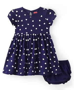 Babyhug Single Jersey Knit Half Sleeves Heart Printed Frock with Bloomer - Navy Blue