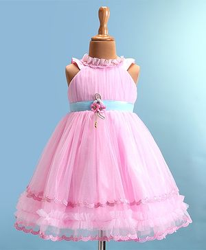 Bluebell Woven Sleeveless Shimmered Party Frock with Floral Applique & Frill Detailing - Pink