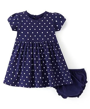 Babyhug Single Jersey Knit Half Sleeves Frock with Bloomer Polka Dots  Print - Navy Blue