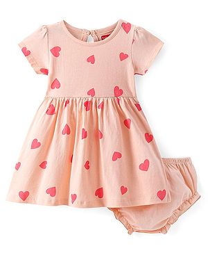 Babyhug Single Jersey Knit Half Sleeves Frock With Bloomer Heart Print - Peach