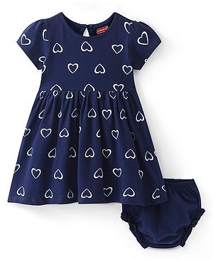Babyhug Single Jersey Knit Half Sleeves Frock with Bloomer Heart Print - Navy Blue