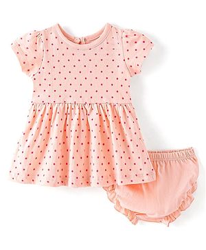 Babyhug Single Jersey Knit Half Sleeves Frock with Bloomer Polka Dot Print - Peach