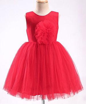 Bluebell Net Sleeveless Solid Colour with Frill Corsage Flared Party Frock - Red