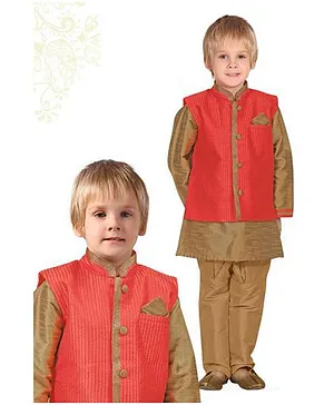 Ethnik's Neu Ron Kurta Jacket And Pajama Set - Red & Beige