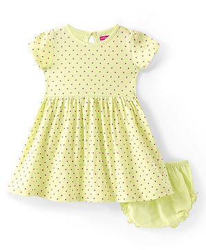 Babyhug Single Jersey Knit Half Sleeves Frock With Bloomer Polka Dot Print - Lemon