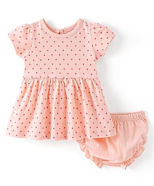 Babyhug Cotton Knit Half Sleeves Frock with Bloomer Polka Dot Print - Peach