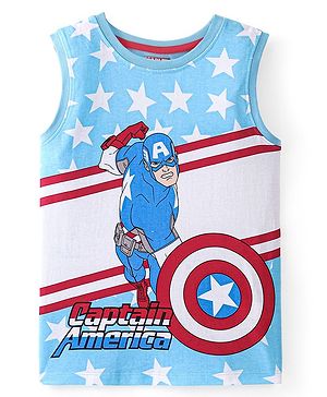 Pine Kids Marvel  Cotton Knit Sleeveless T-Shirt with Captain America Graphics -Blue