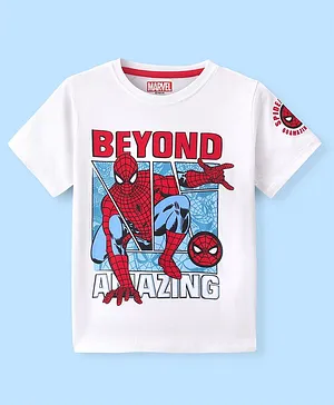 Pine Kids Marvel Cotton Knit Half Sleeves With Front & Back Spiderman Graphics T-Shirt - White