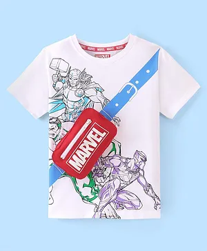 Pine Kids Marvel 100% Cotton Knit Half Sleeves T-Shirt with Fanny Bag and Avengers Graphics- White